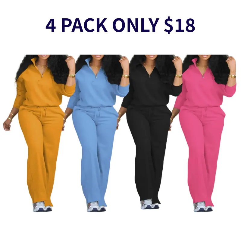 Women's Solid Half Placket Split Hem Pants Set