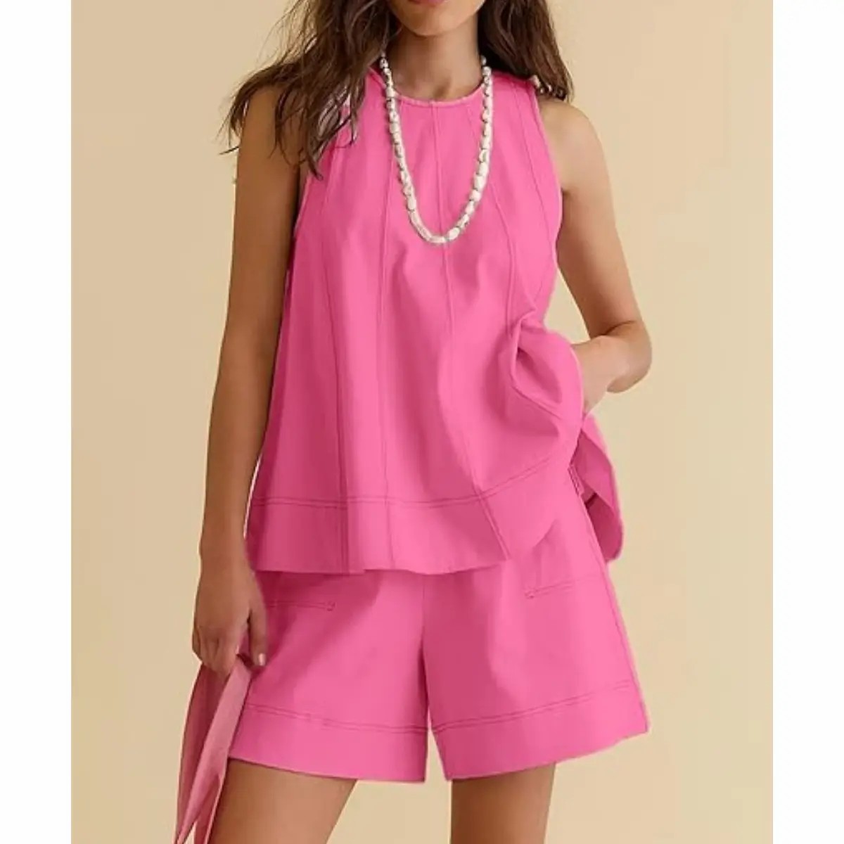 Women's 100% Cotton 2-Piece Set – A-Line Tank Top & High Waist Shorts with Pockets