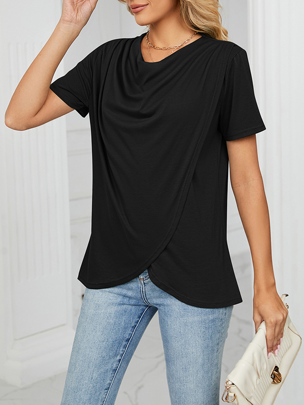 Pleated Solid Color Split-Joint Loose Short Sleeves Round-Neck T-Shirts
