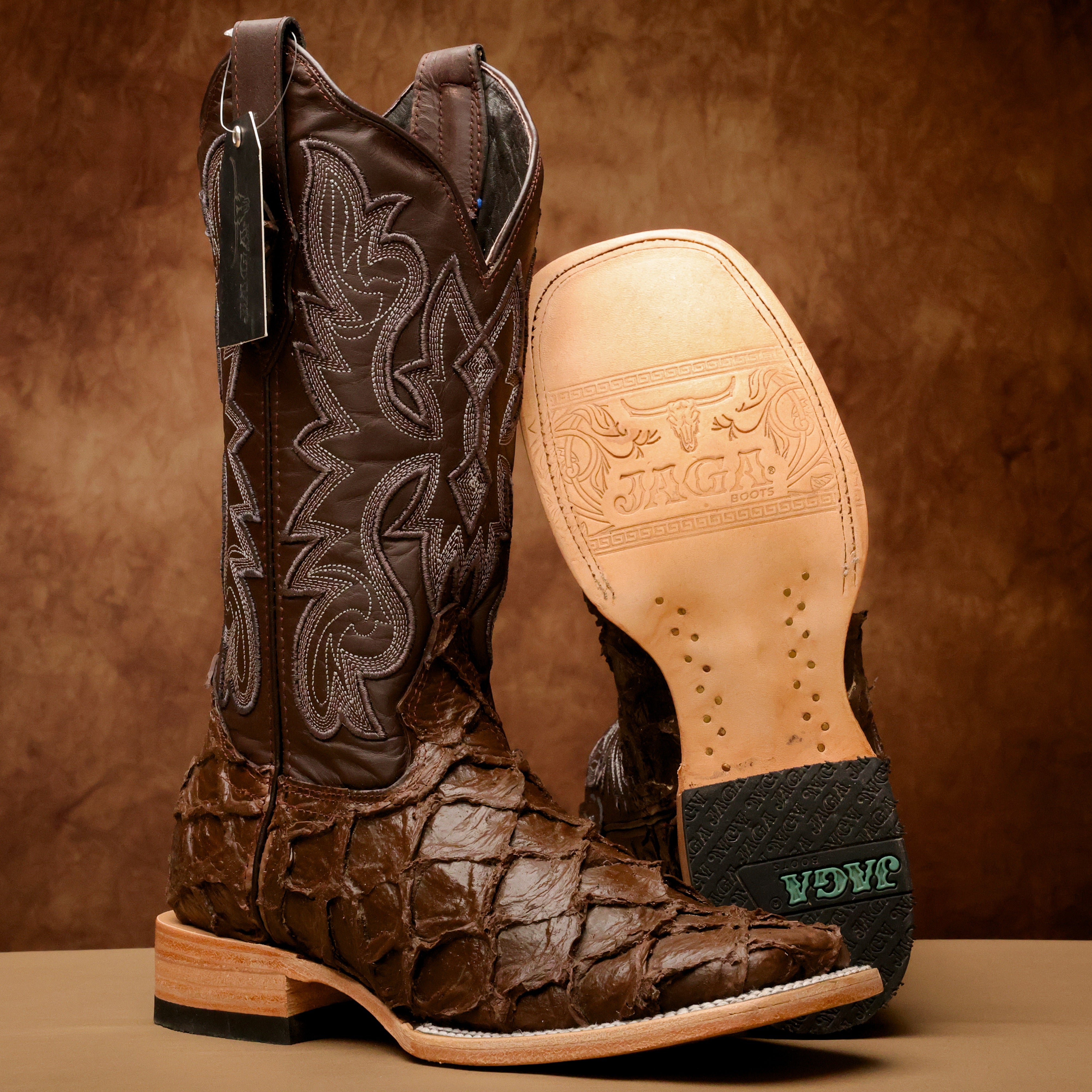 Matte Brown Jumbo Pirarucu Leather Boots - Square Toe