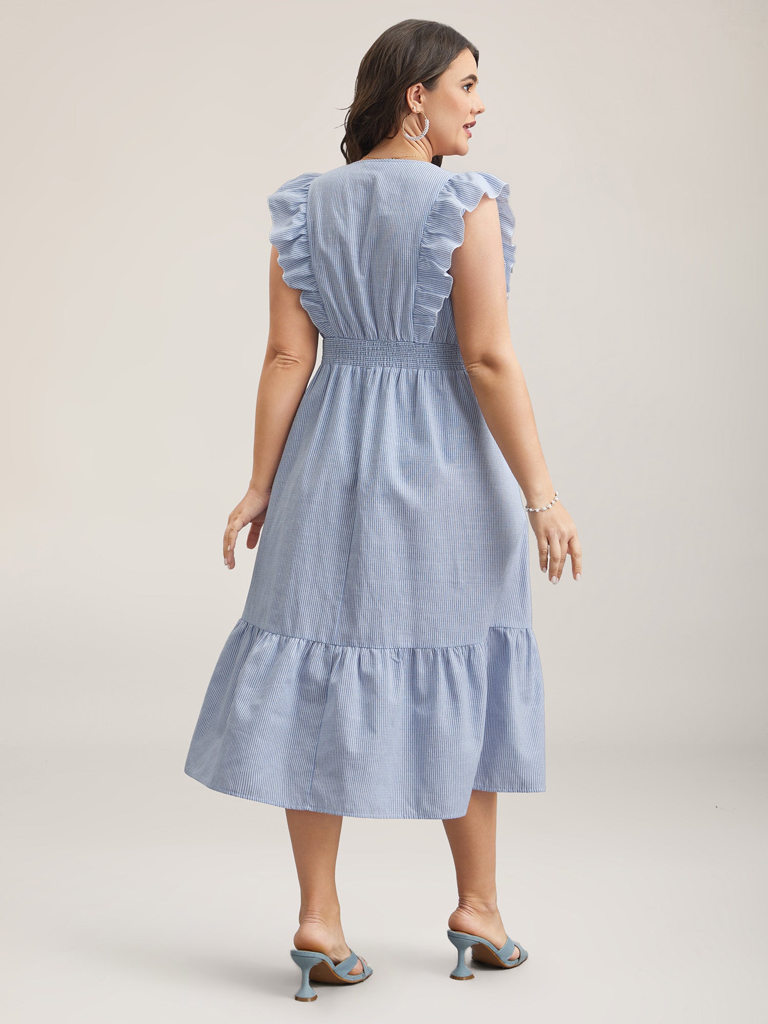 Ruffled Striped Print Triangular Waist Midi Dress