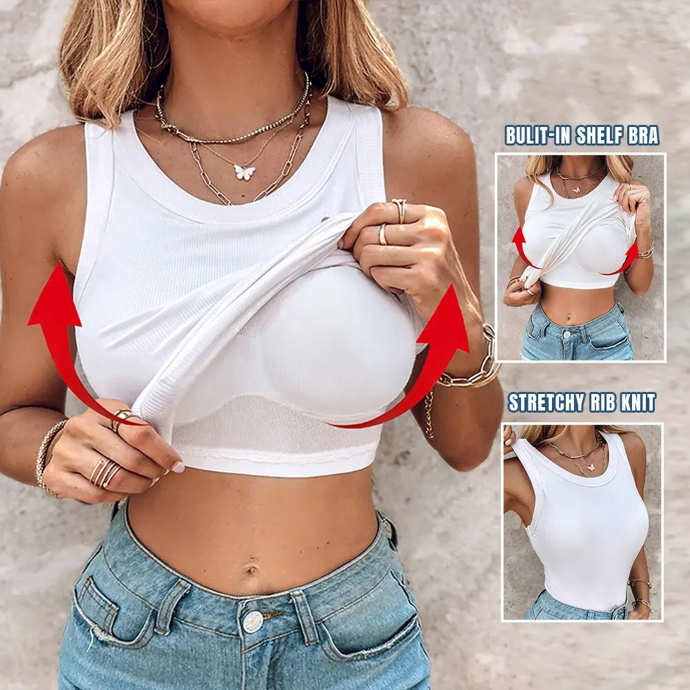 Seamless Ribbed Built-In Bra Racerback Tank Top for Women