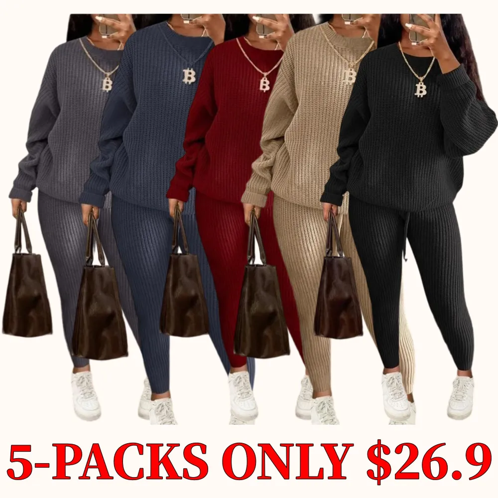 Women's solid color drop-shoulder long-sleeved sweater and drawstring waist trousers set