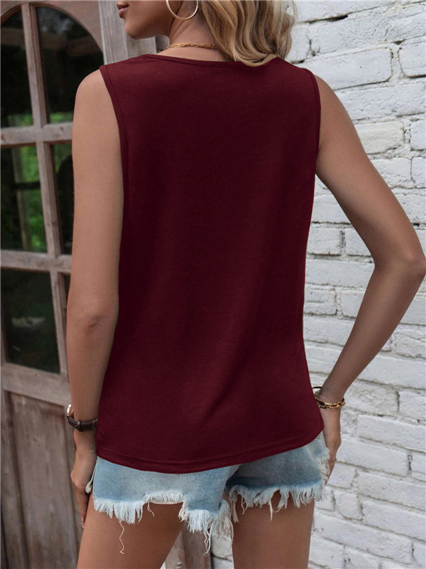 Hollow Knot Pleated Solid Color Sleeveless Round-Neck Vest Top