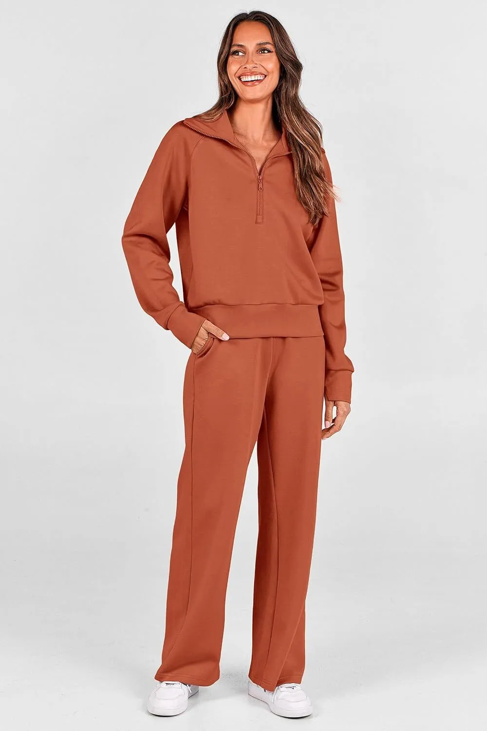 🔥Final Day Clearance!🛒Women's 2 Piece Outfits Casual Lapel Half Zip Sweatshirts And Wide Leg Pants Tracksuit Sets
