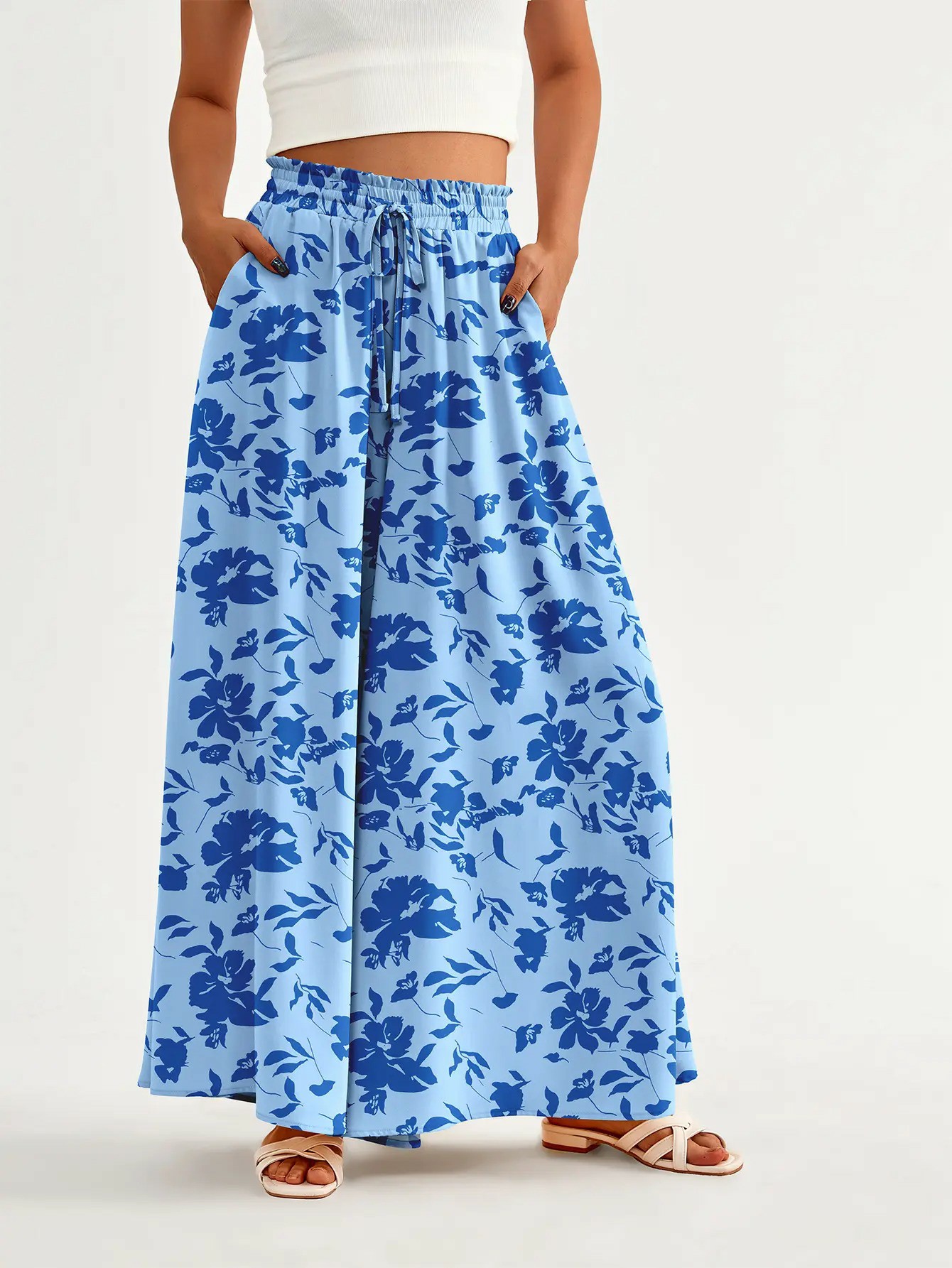 Women’s High-Waisted Wide Leg Palazzo Pants – Summer Casual Lounge & Beach Trousers with Pockets