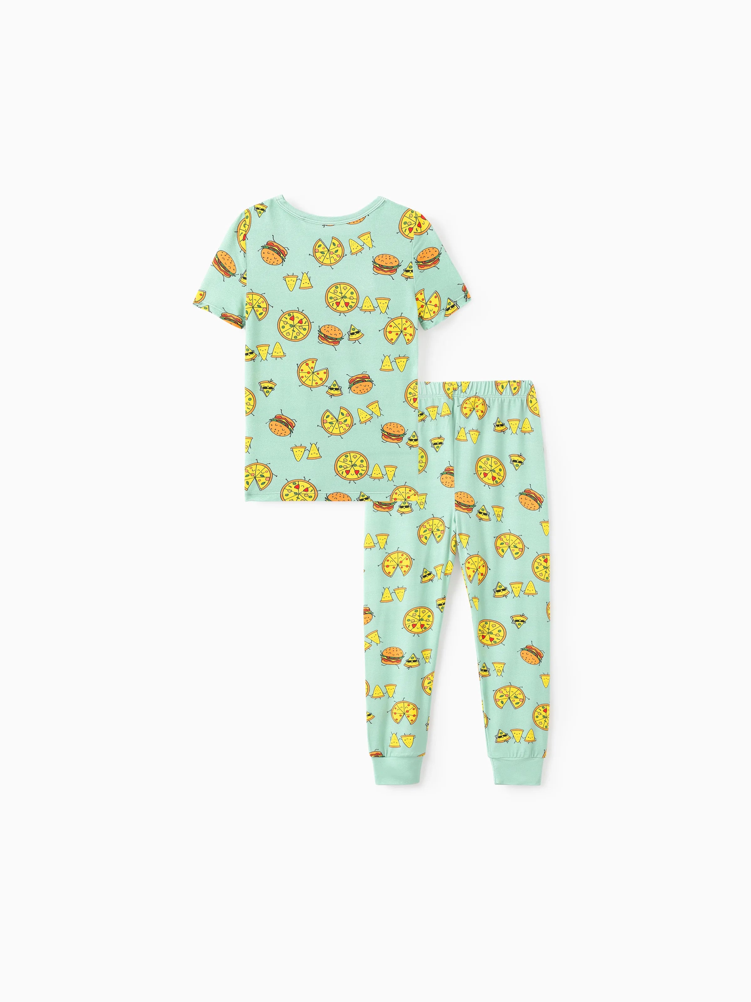 Bamboo Family Mint Green PJs Cute Cartoon Food Theme Print Short Sleeve & Long Pants Sleepwear Matching Pajama set (Snug-Fitting for Children) Light Blue
