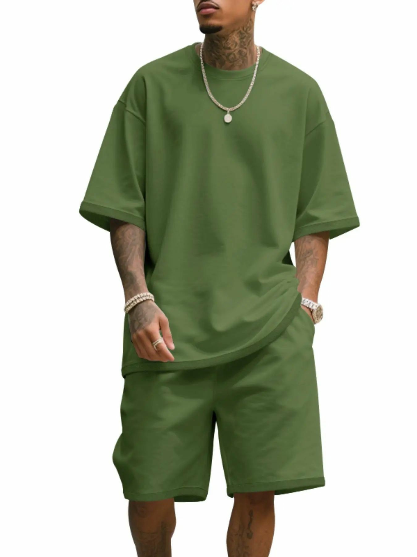 Men's Summer Casual Set, Pure Color Round Neck Short Sleeve Knit Tee & Shorts