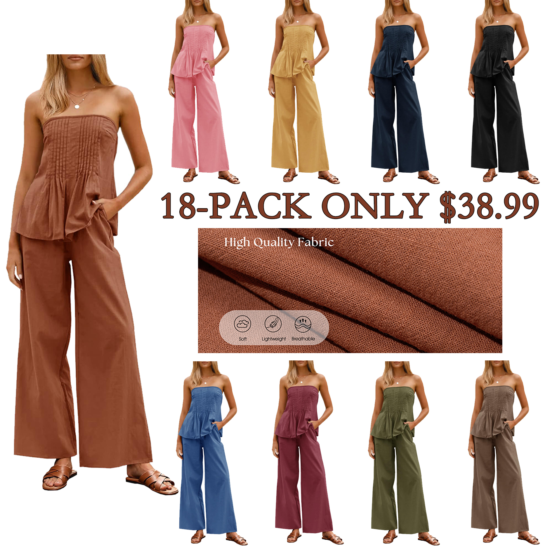 Women's 2 Piece Outfits Summer Strapless Tube Tops Wide Leg Pants Cotton Vacation Pleated Matching Lounge Set