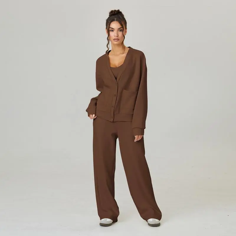 Women's Minimalist Solid Color V Neck Long Sleeve Button Cardigan & Drawstring Waist Trousers Co-ord, Soft Fall & Winter Two Piece Outfits