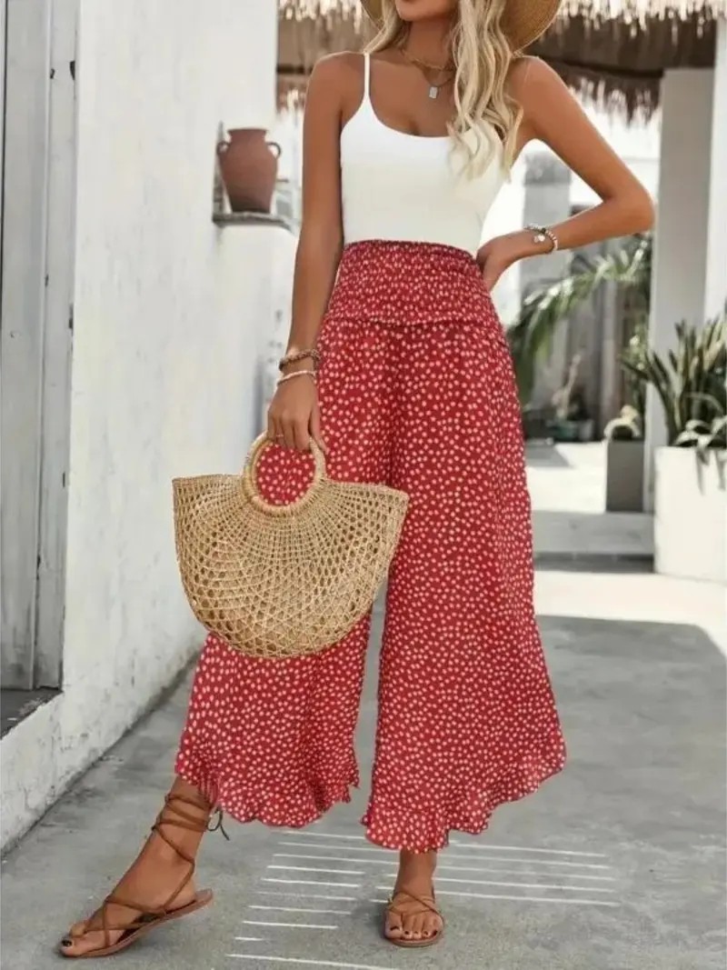 Women's Ditsy Floral Print Wide Leg Pants – Casual Summer Trousers