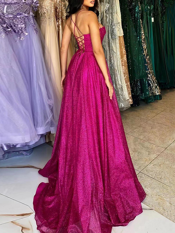 Shiny Gauze Sleeveless Spaghetti-Neck Tube Evening Maxi Dresses