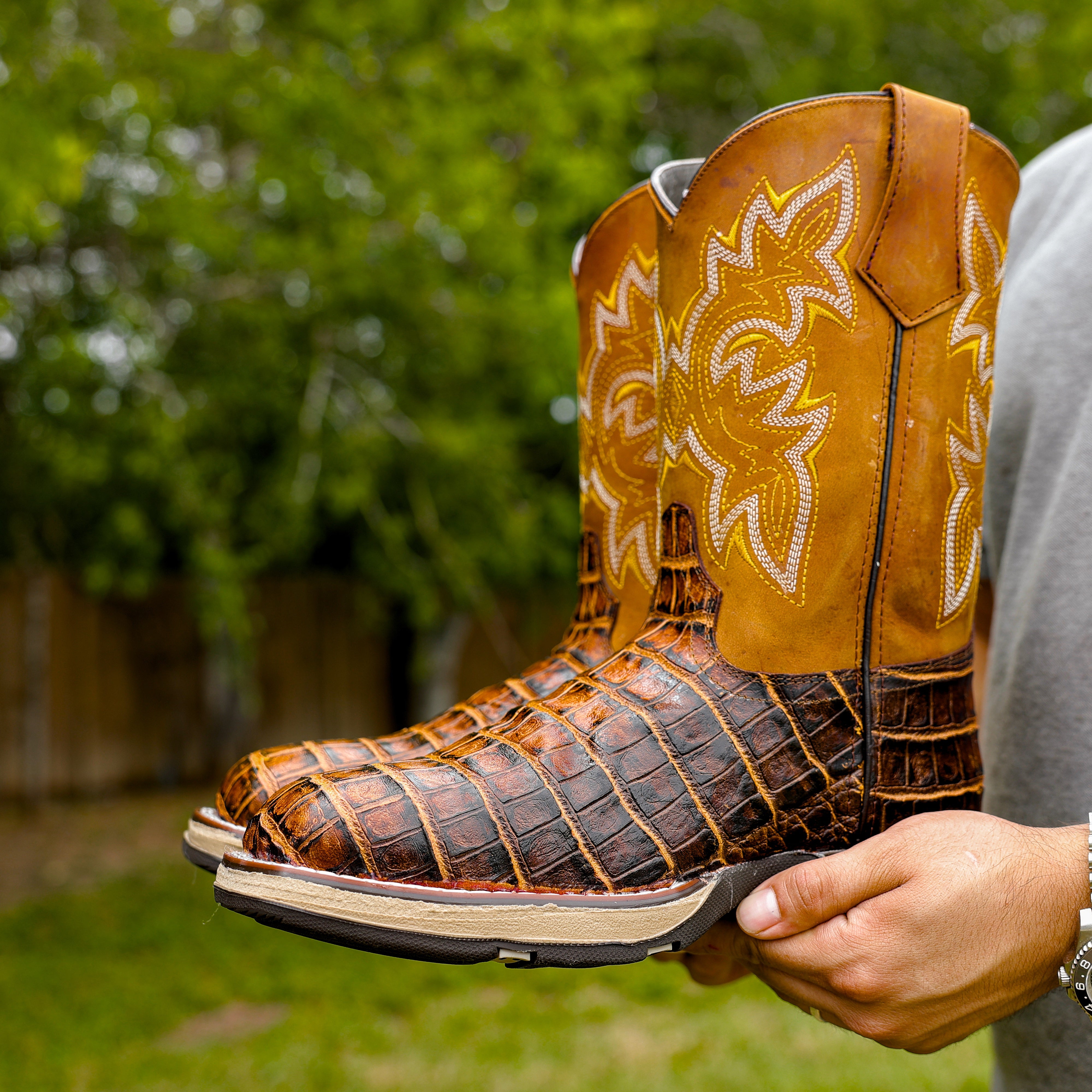 Honey Caiman Belly Leather Boots With 3D Lightweight Sole - Composite Toe