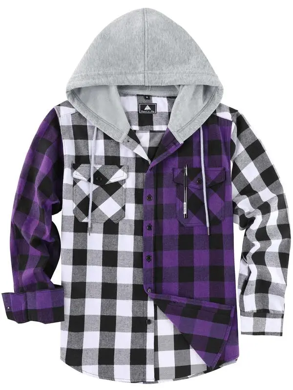 Men's Plaid Print Button Front Drawstring Hooded Shirt, Regular Fit Casual Pocket Long Sleeve Outerwear