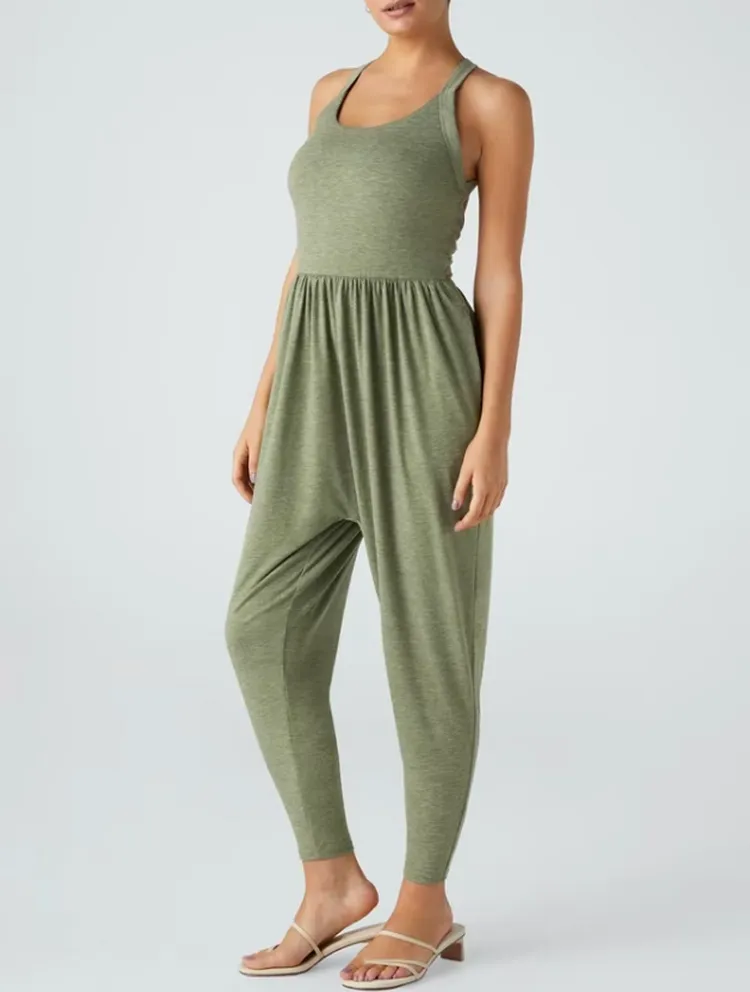 Women's Backless Twisted U-Neck Harem Jumpsuit with Pockets