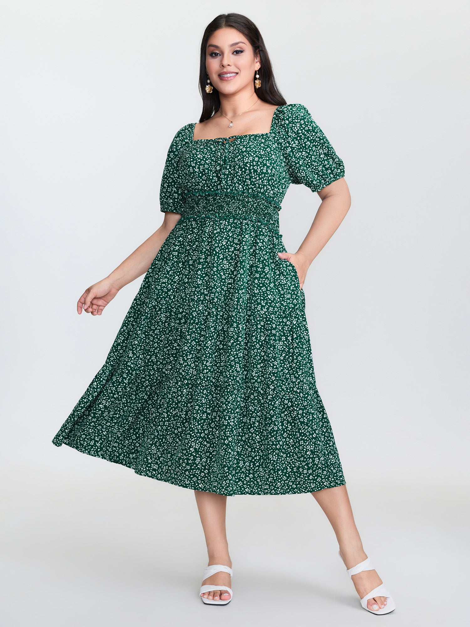 Floral Print Shirred Waist Midi Dress