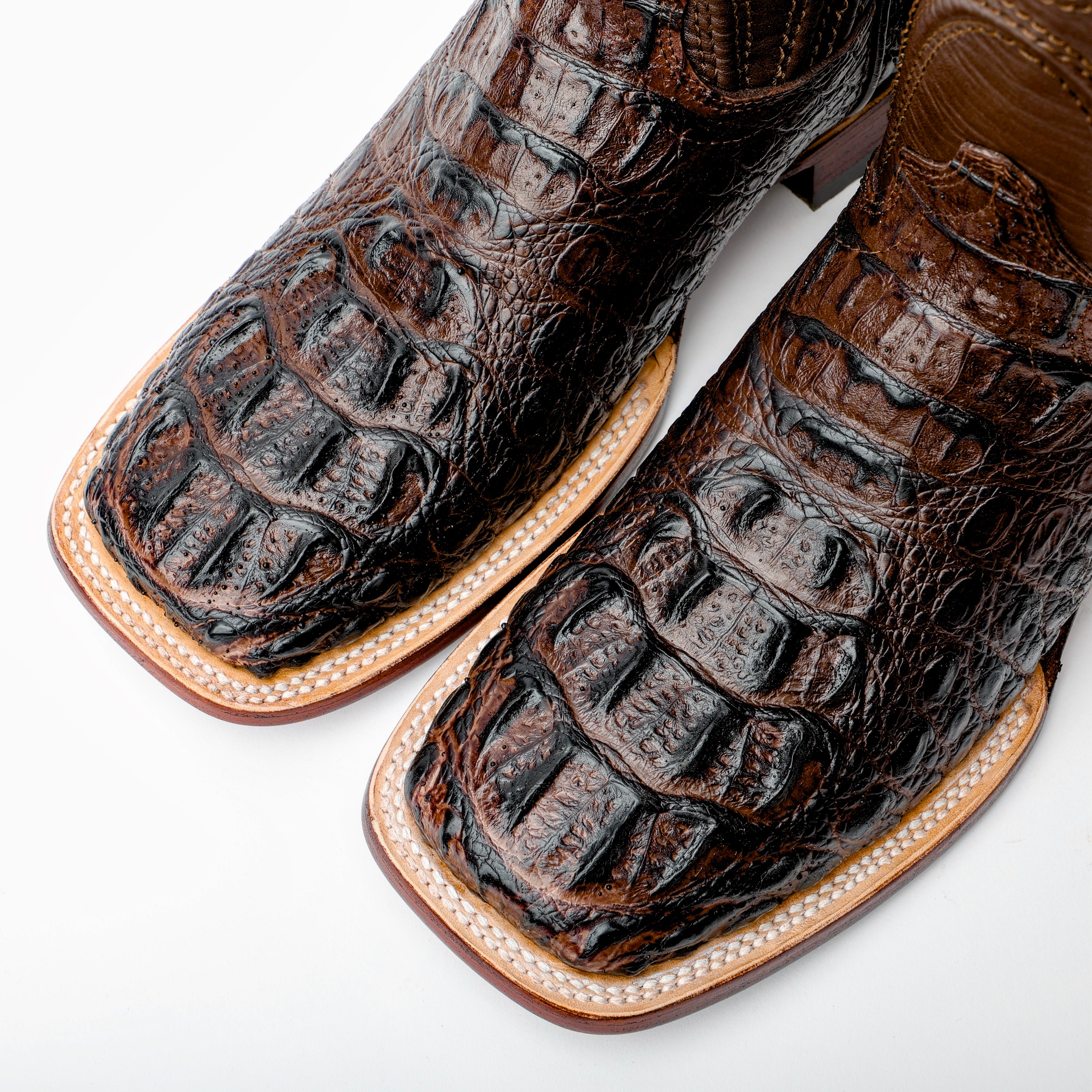 Brown Caiman Neck Leather Boots - Square Toe