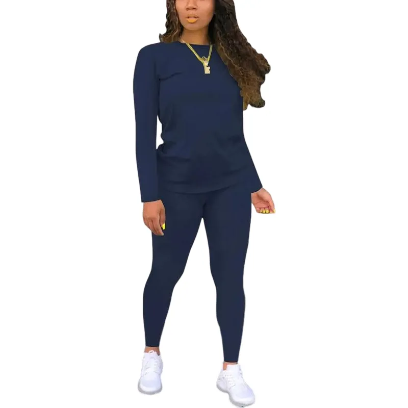 Women's Minimalist Chic Solid Long Sleeve Tee & Elastic Waist Pants Set