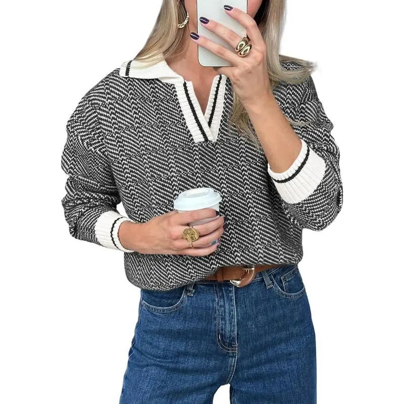 Womens V Neck Knit Sweater Color Block Long Sleeve