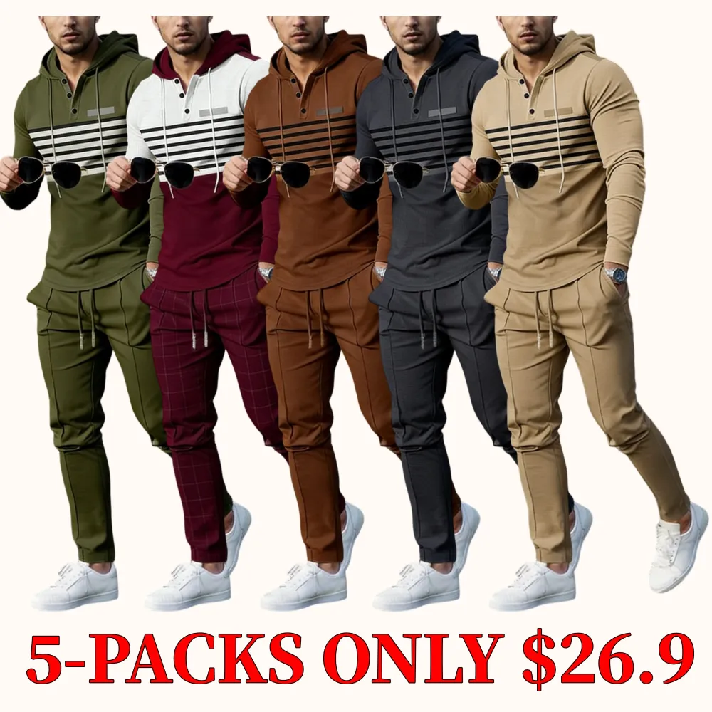 Men's striped hooded sweatshirt and waffle-knit trousers set