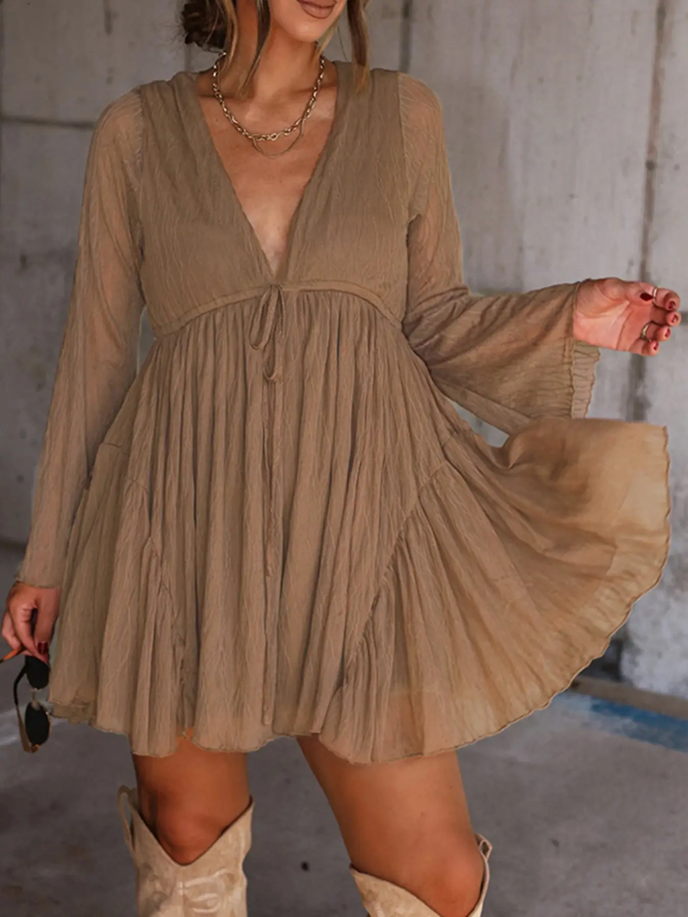 Women's V Neck Long Sleeve Dress with Pants Lining