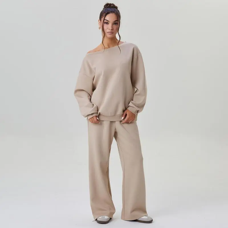 Women's Leisure Solid Color Sloping Shoulder Long Sleeve Top & Wide Leg Trousers Co-ord