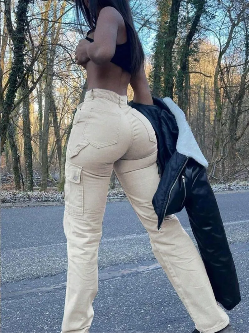 Women's Plain Pocket Button Fly Cargo Pants, Casual Streetwear Solid Color Trousers for Daily Wear