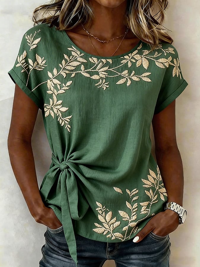 Women's Casual Round-Neck Printed Cotton-Linen Top