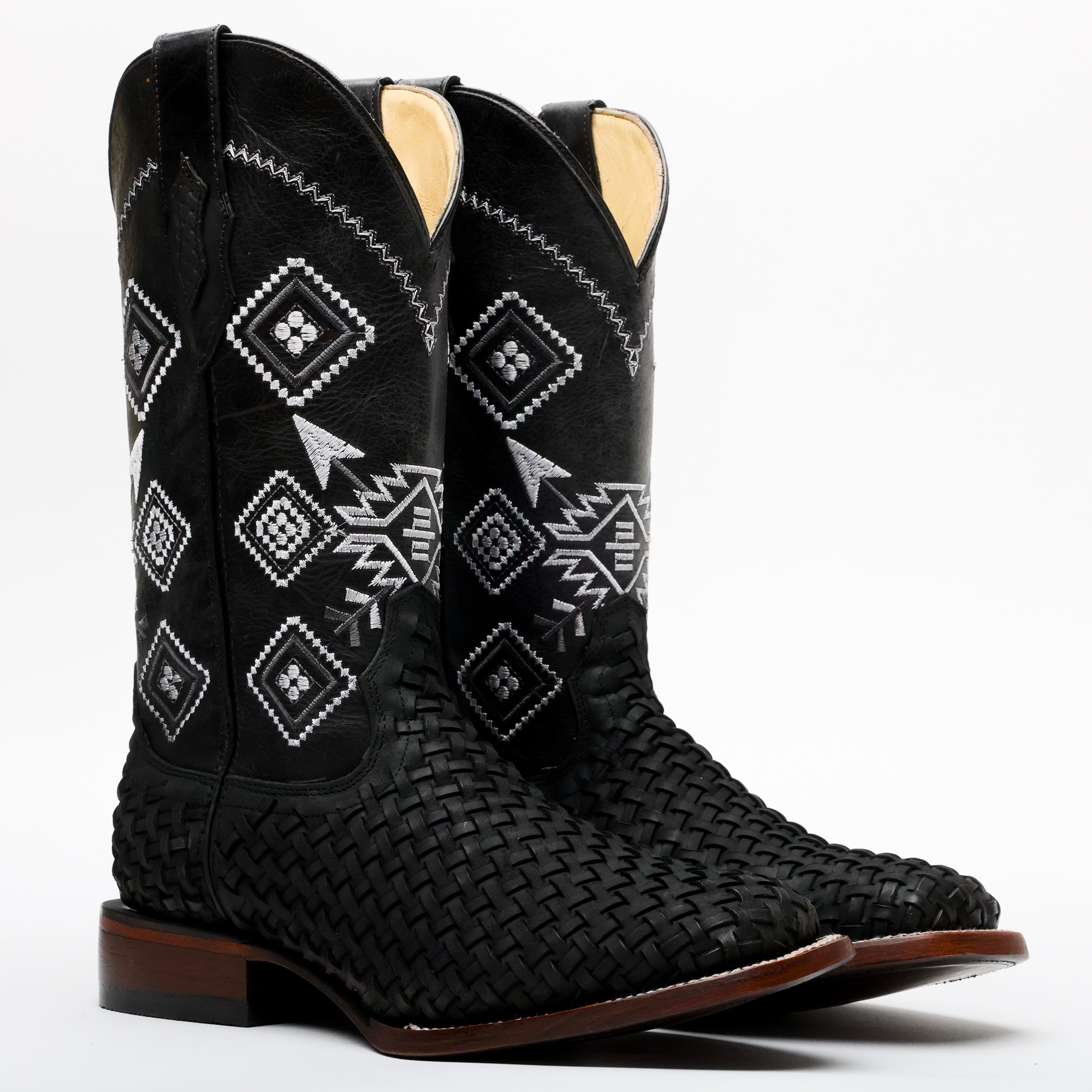 Black Basketweave Leather Boots - Square Toe
