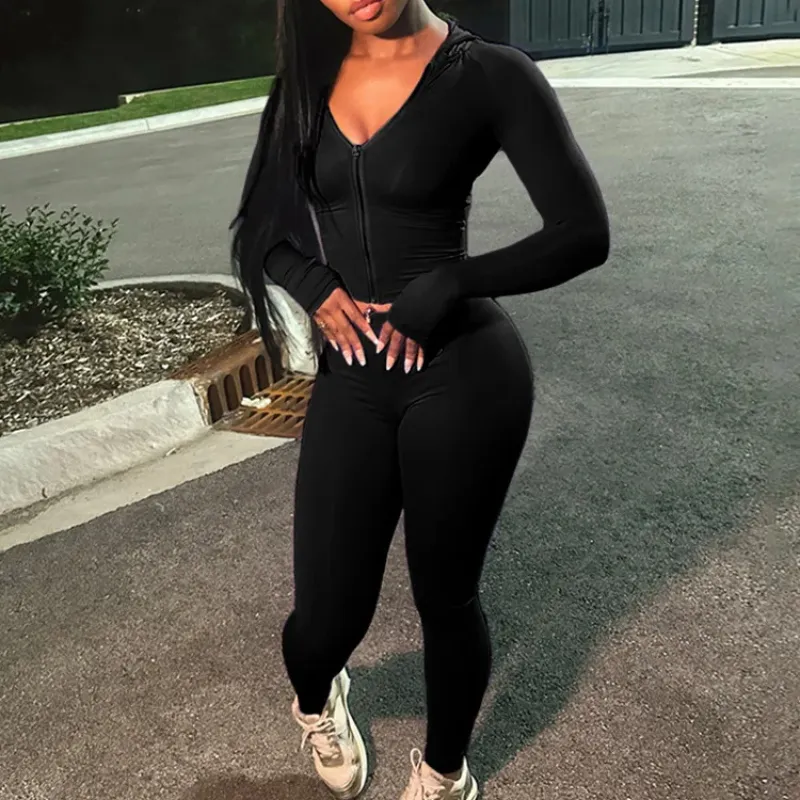 Women's Solid Color Zip Up Crop Top & High Waist Leggings Two-piece Set