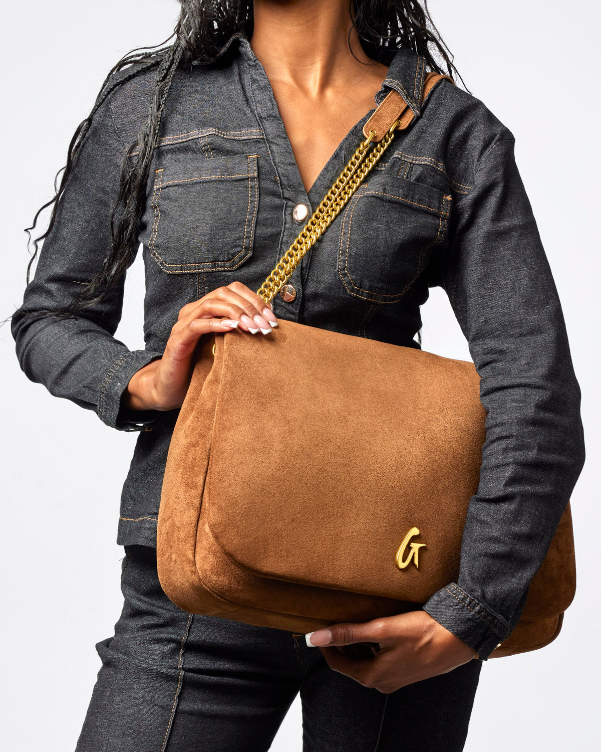 LARGE SUEDE FLAP BAG - BROWN