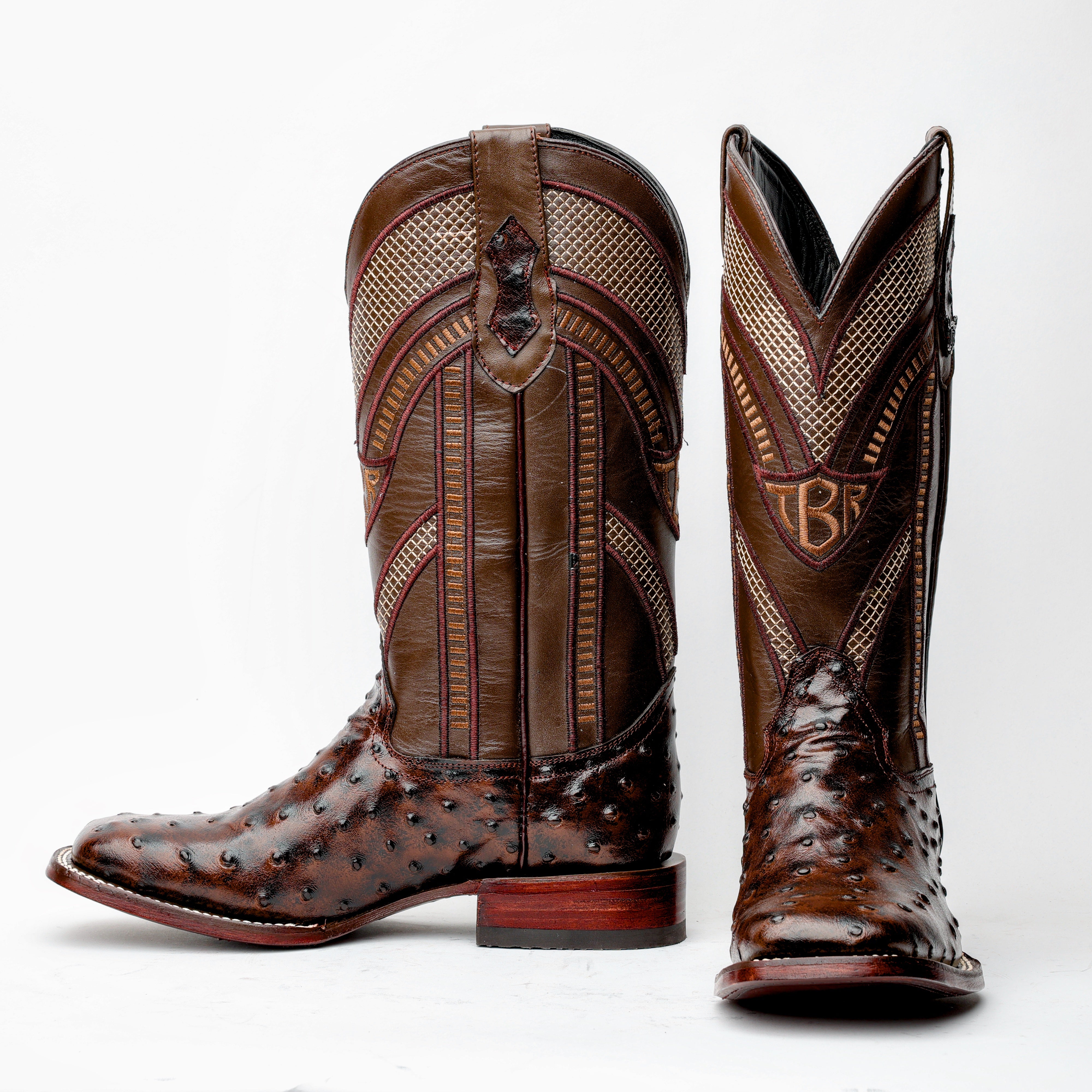 Chocolate Brown Ostrich Leather Boots - Square Toe