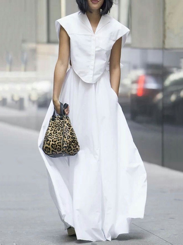 Cap Sleeve Loose Buttoned Solid Color Lapel Blouse Tops&Wide Legs Pants Bottoms Two Pieces Set