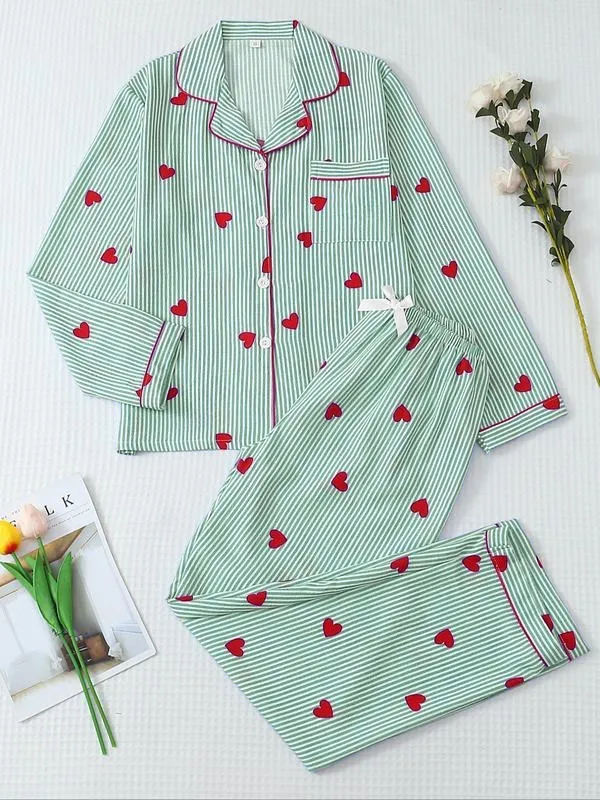 Women's Striped Bow Print Long Sleeve Pajama Set