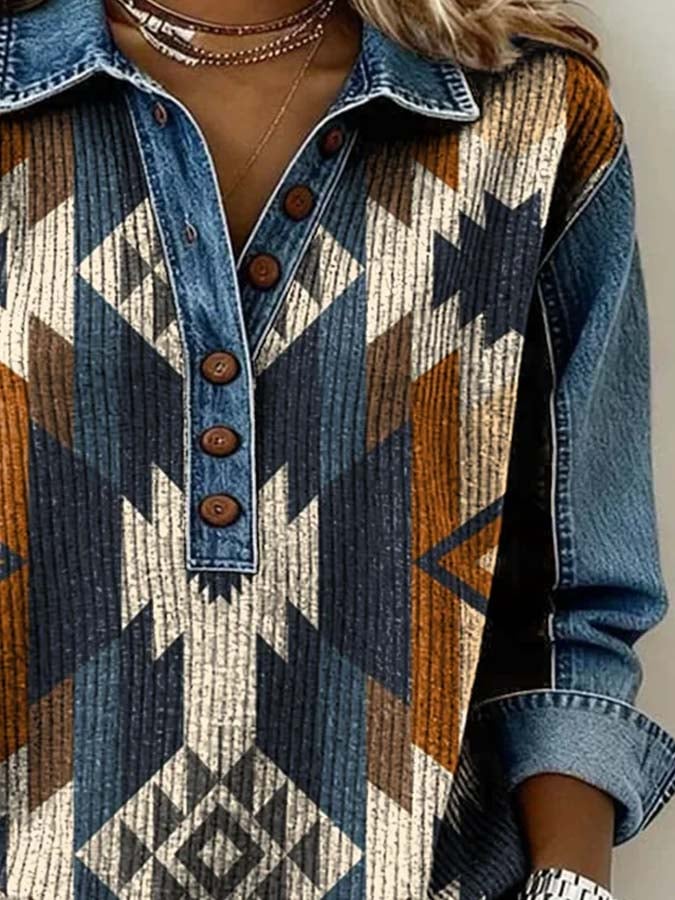 Women'S Casual Color-Block Printed Patchwork Pullover Sweatshirt