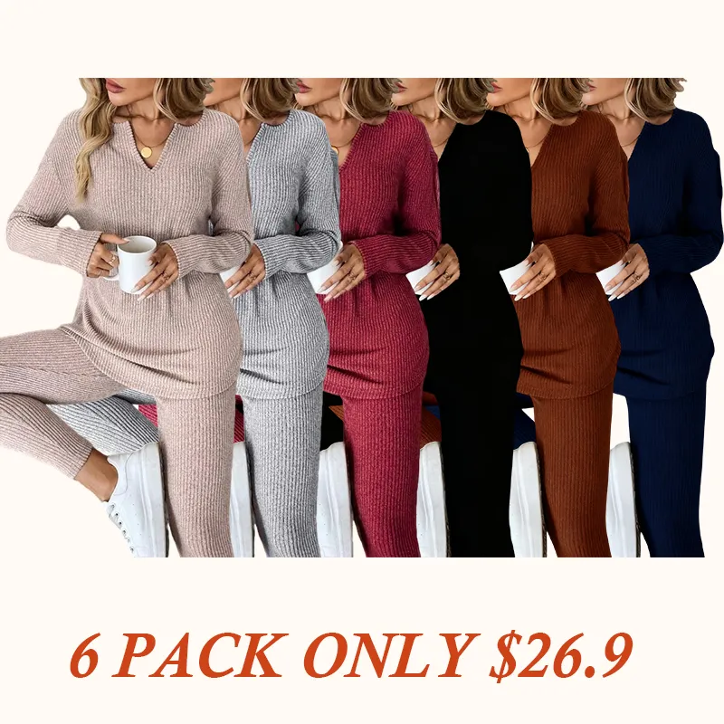 Women's Casual Fleece Ribbed Knit Long-Sleeve T-Shirt and Leggings Set