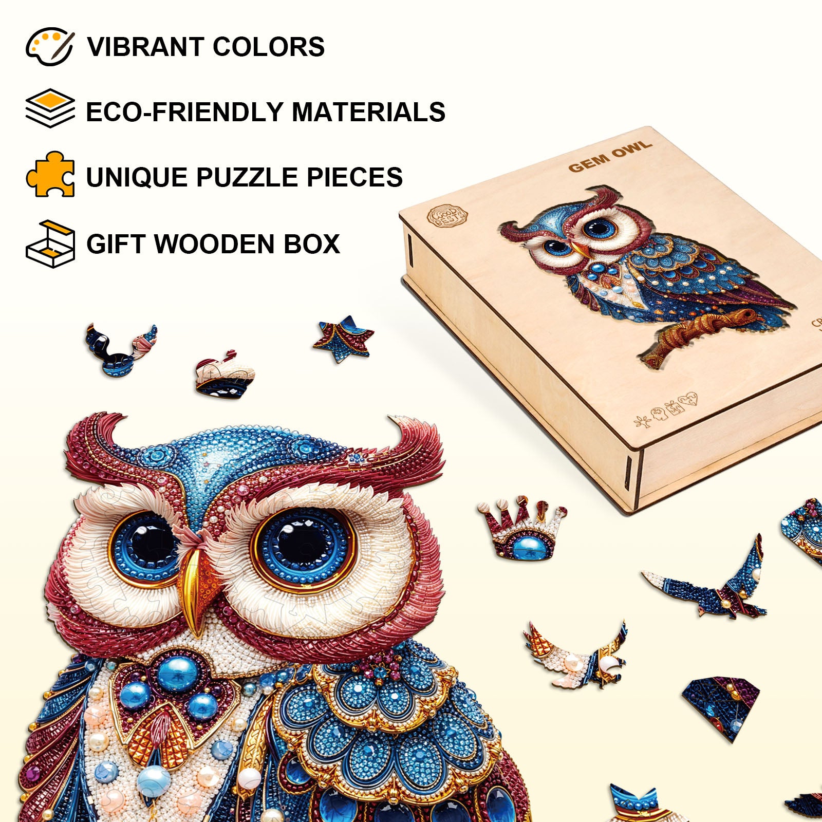Gem Owl Wooden Jigsaw Puzzle