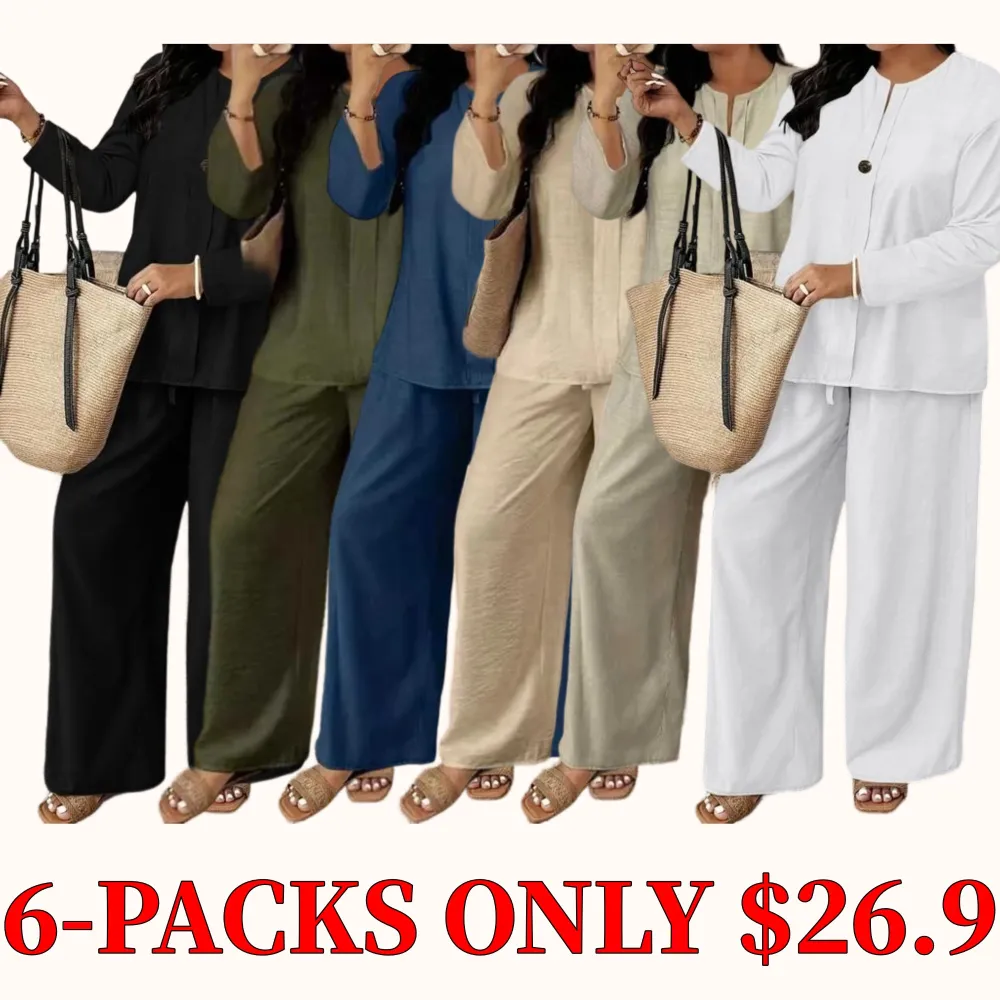 Plus-size women's casual, breathable long-sleeved shirt and loose-fitting trousers two-piece set