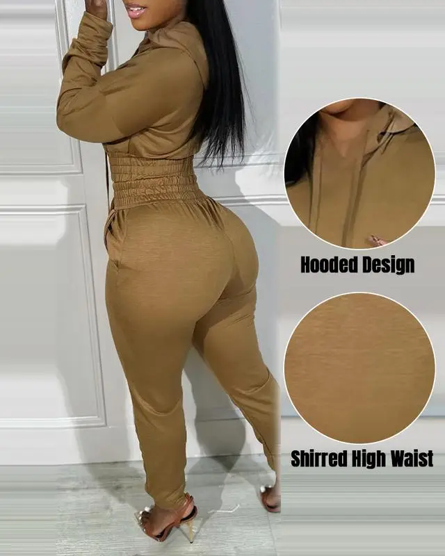 Womens 2 Piece Outfits Lounge Hoodie Shirred Waist Pocket Design Sweatshirt Cuffed Jogger Sweatpants Tracksuit