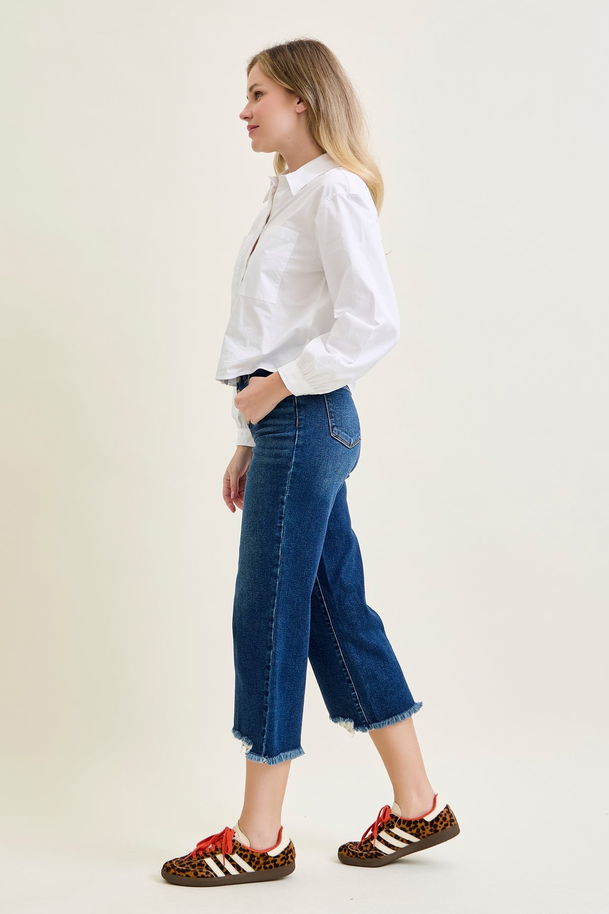 Dottie Button Fly Distressed Hem Crop Wide