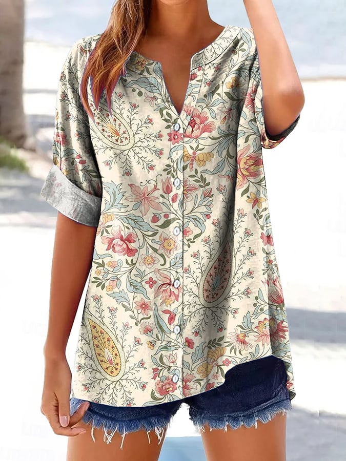 Women's Retro Floral Print Button-Down Shirt