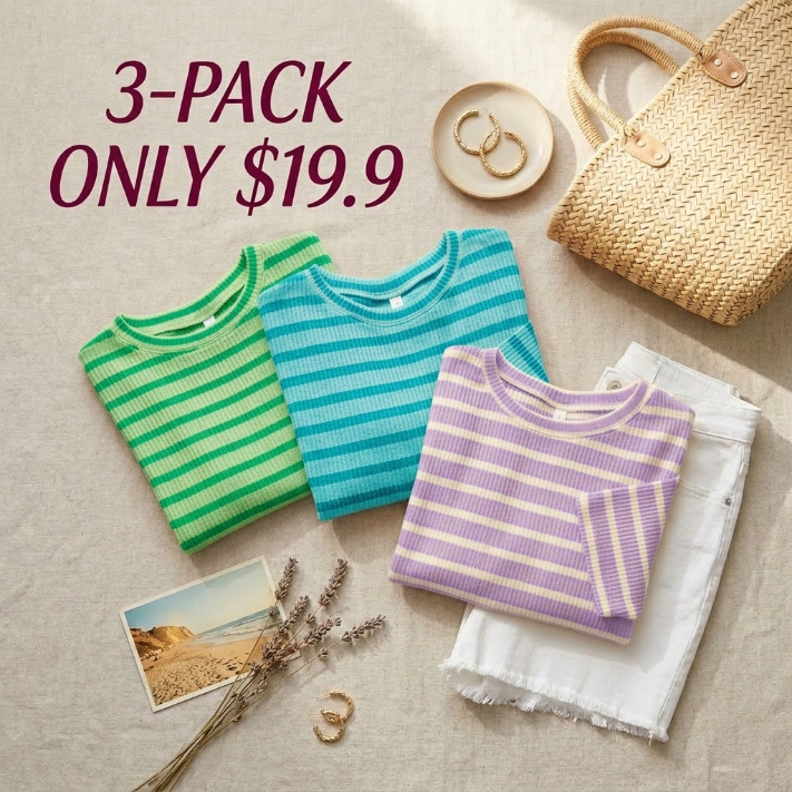 Women’s Spring Striped Raised Rib 3/4 Sleeve Top