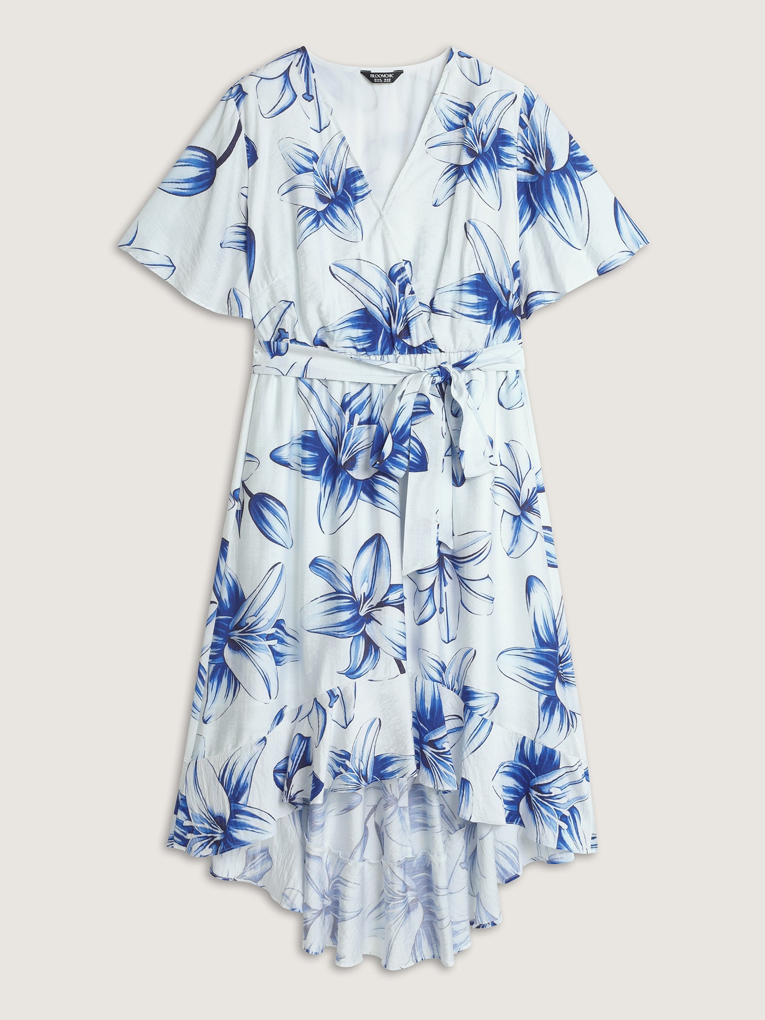 Large Floral Print Wrap Ruffled Hem Midi Dress