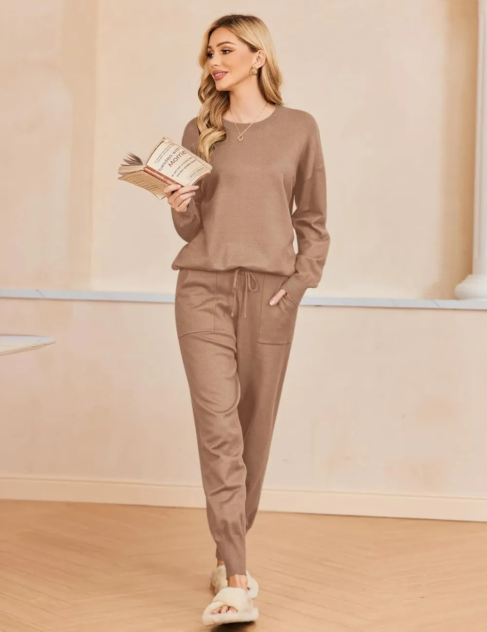 Women's Long Sleeve Knit Loungewear Set Jogger Pants Outfit