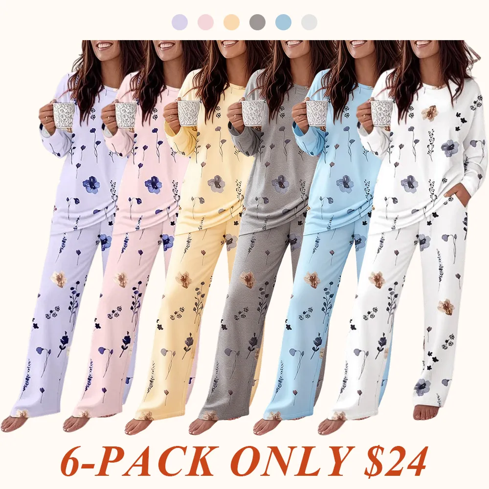 Women's Printed Crew Neck Long-Sleeved Top and Printed Trousers Set