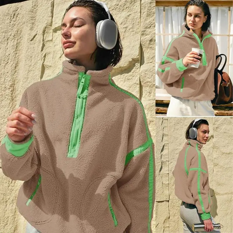 Women Sherpa Fleece Warm Oversized Half Zip Sweater