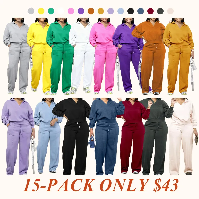 Women's Solid Long Sleeve Sweatshirt and Drawstring Waist Pants Set