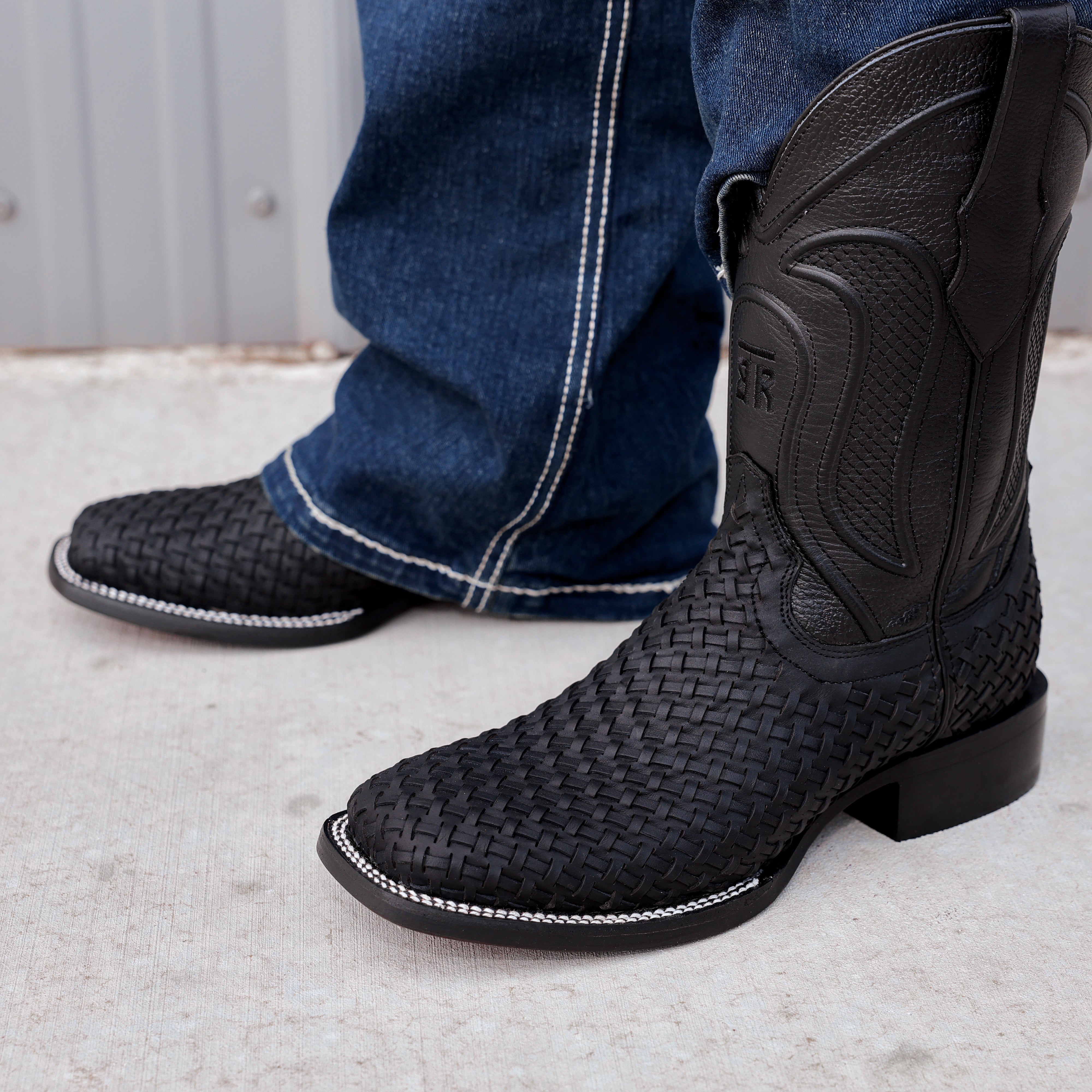 Black Basketweave Leather Boots - Square Toe