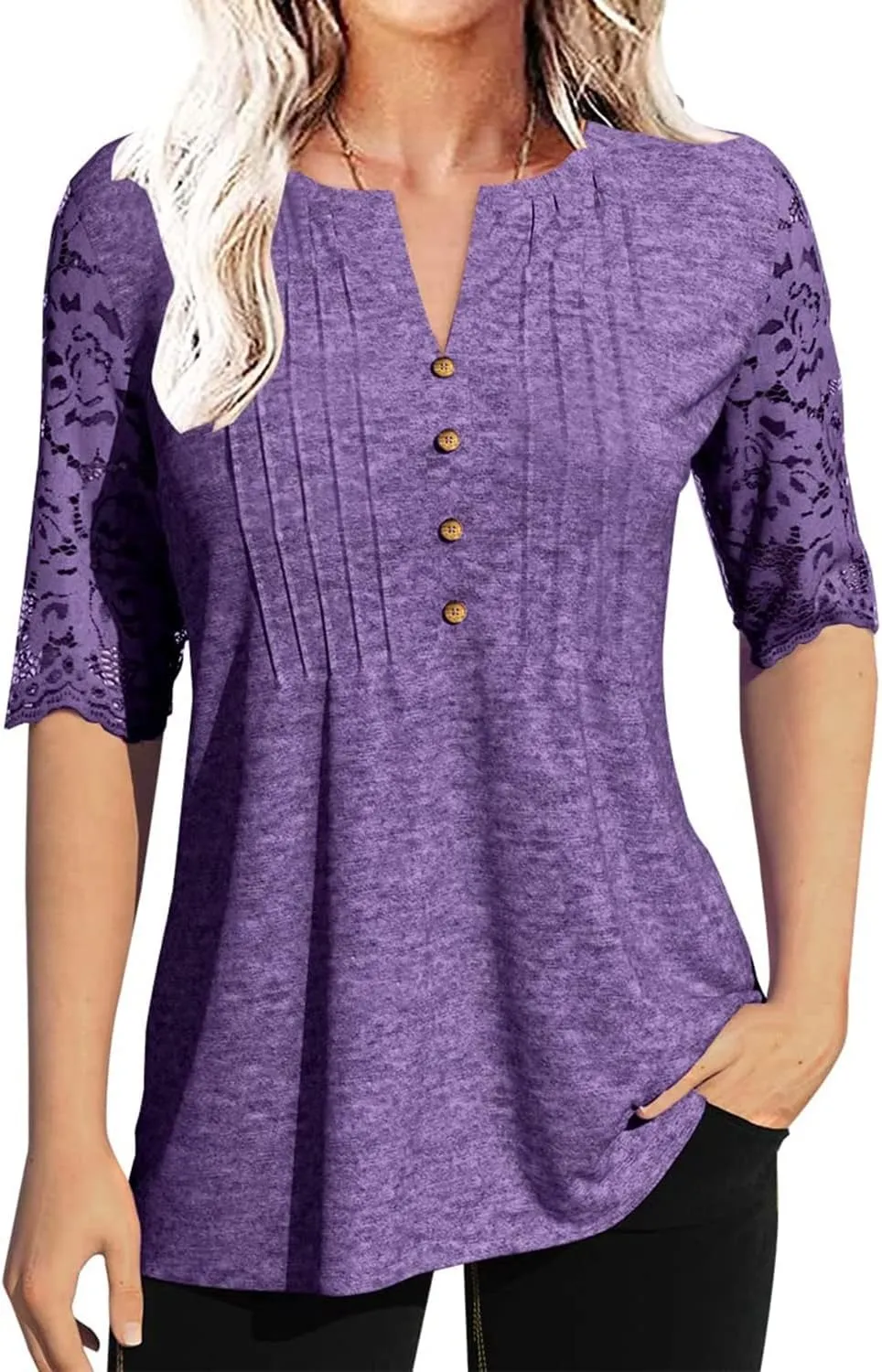 Women's Lace Sleeve Summer T-Shirt V-Neck Botton Up Basic Solid Color Casual Tunic Tops