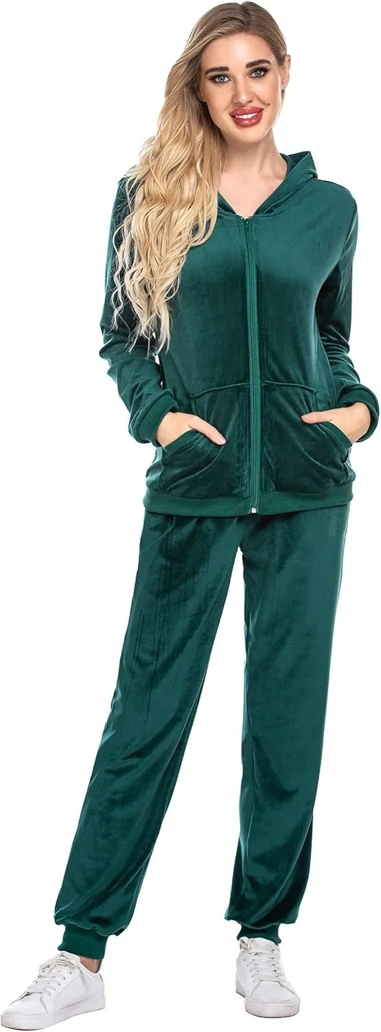Women's Casual Velour Tracksuit Set Full Zipper Hoodie